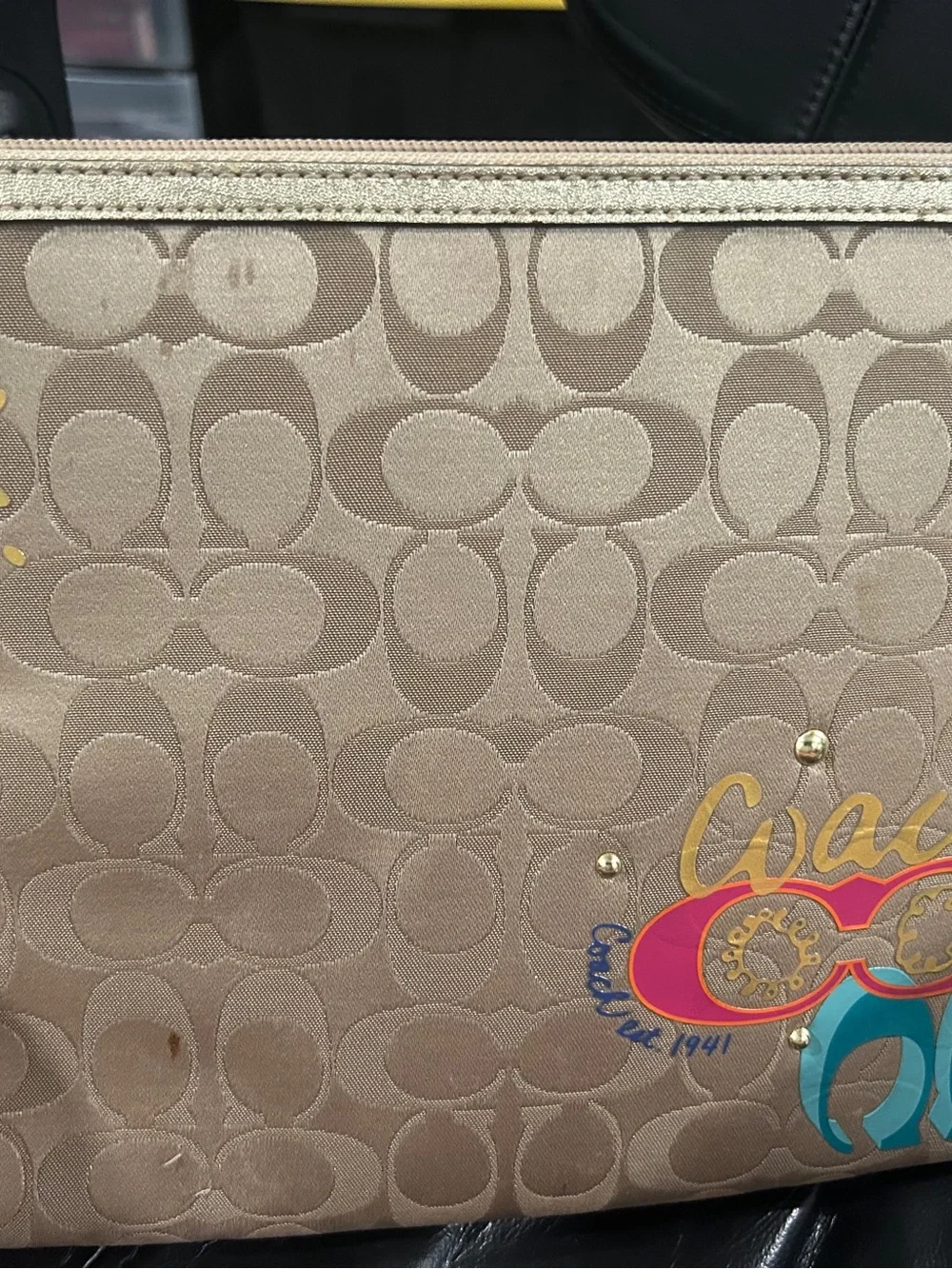 Coach Signature Pouch with Colorful Sunglasses Graphic - Beige 10.5w x 8.5L